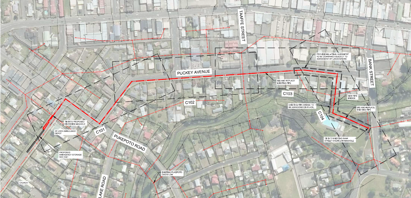 Aerial map showing street locations and infrastructure works along Puckey Avenue and surrounding roads. The map includes property boundaries, work zones marked with red and black outlines, and labelled construction areas.