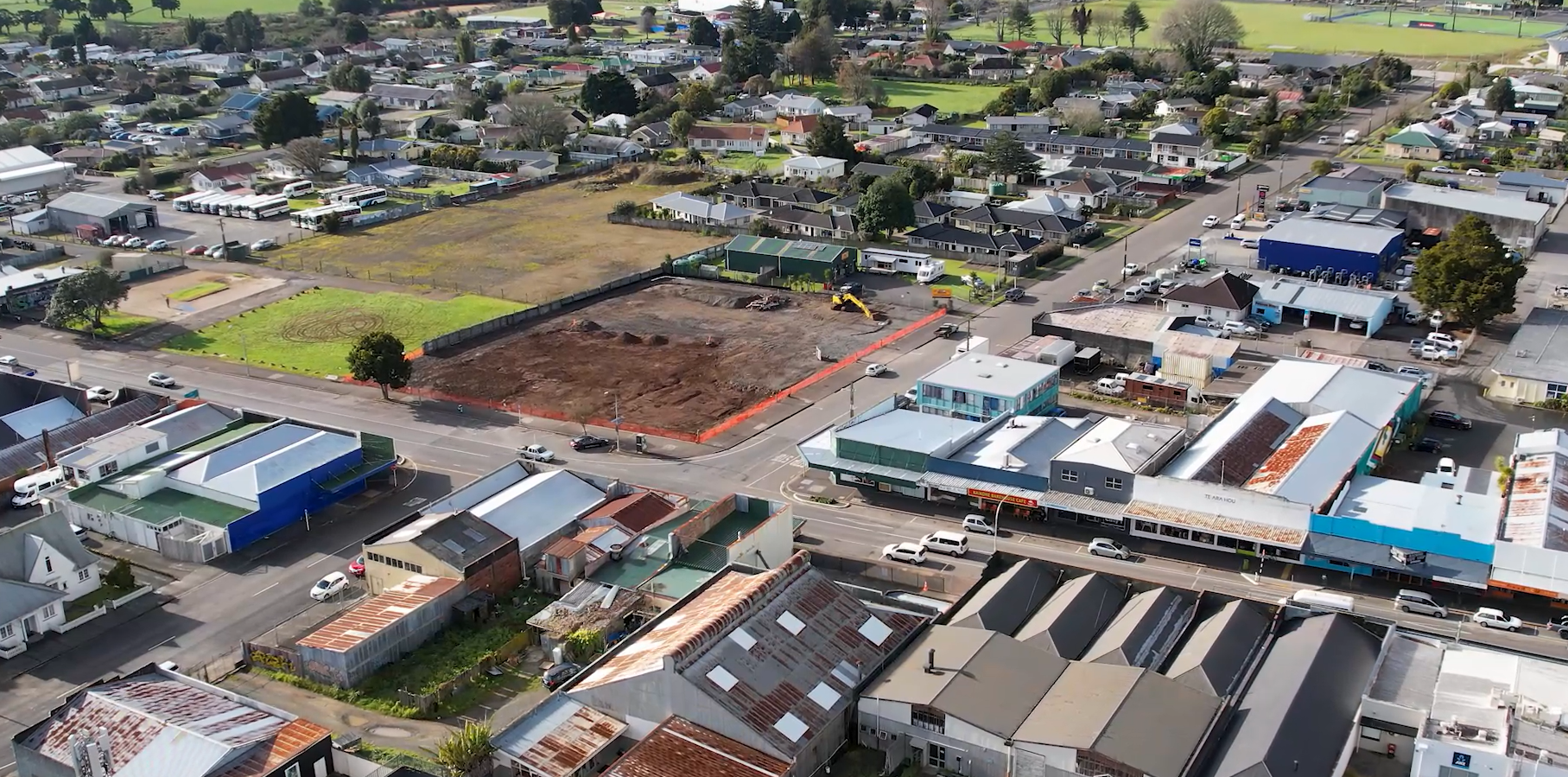 Drone of the cleared site on the corner of Broadway and Raihara Street