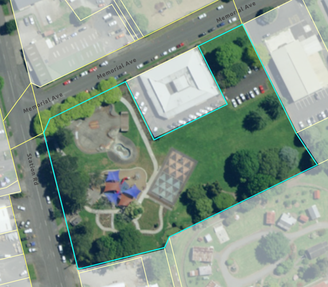 Boundaries of Memorial Park on the corner of Station Road and Memorial Avenue in Kaikohe