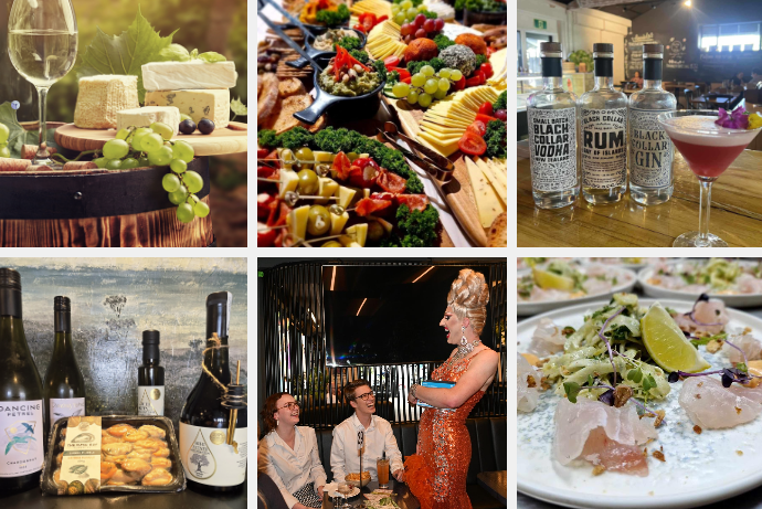 6 photo matrix of savour events including drag bingo, platters of food, gin cocktails